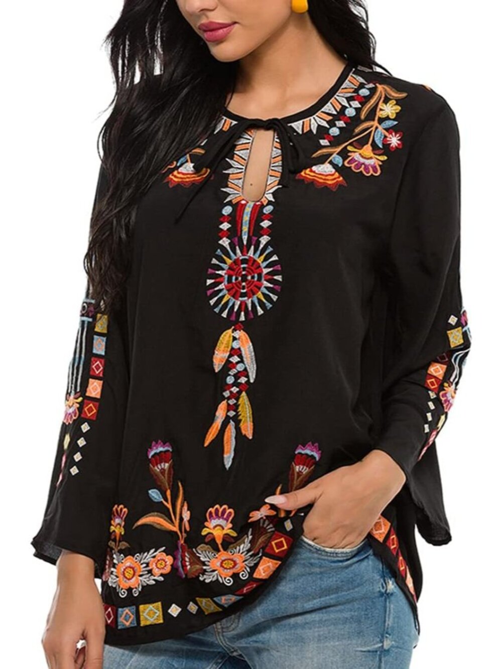Women's Embroidered Tops Mexican Shirt V Neck Summer Casual Tops Peasant Tunic L